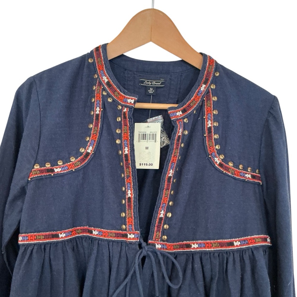 NWT Lucky Brand Boho Top Jacket Women's M Peplum Tassels Rivets Embroidered Trim - Picture 2 of 12
